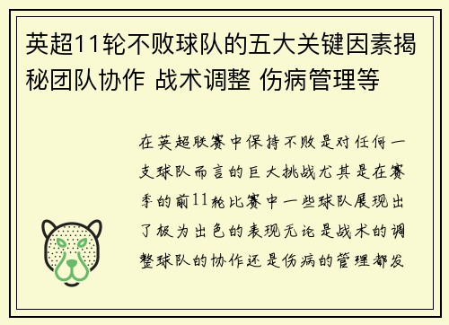 英超11轮不败球队的五大关键因素揭秘团队协作 战术调整 伤病管理等 英超11轮不败球队的五大关键因素揭秘团队协作 战术调整 伤病管理等