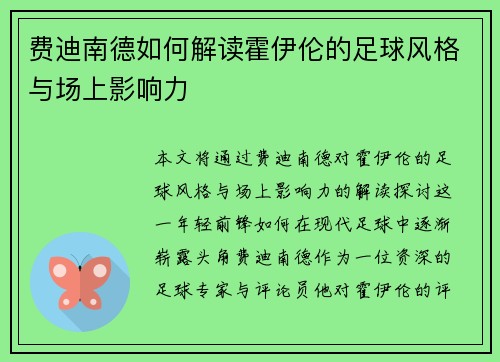 费迪南德如何解读霍伊伦的足球风格与场上影响力